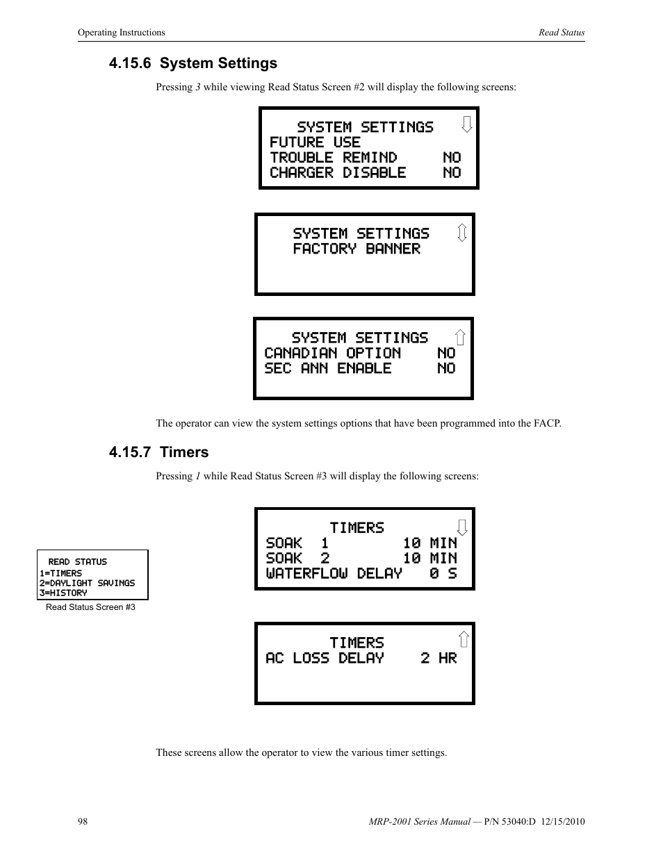6 system settings, 7 timers, System settings 4.15.7: timers | Fire-Lite MRP-2001C PRE-ACTION/DELUGE CONTROL PANEL User Manual | Page 98 / 144