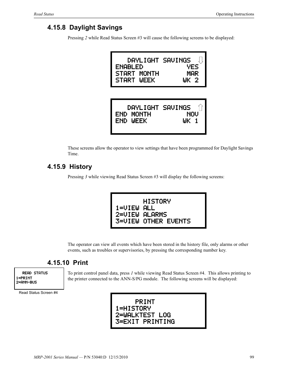 8 daylight savings, 9 history, 10 print | Daylight savings 4.15.9: history 4.15.10: print | Fire-Lite MRP-2001C PRE-ACTION/DELUGE CONTROL PANEL User Manual | Page 99 / 144