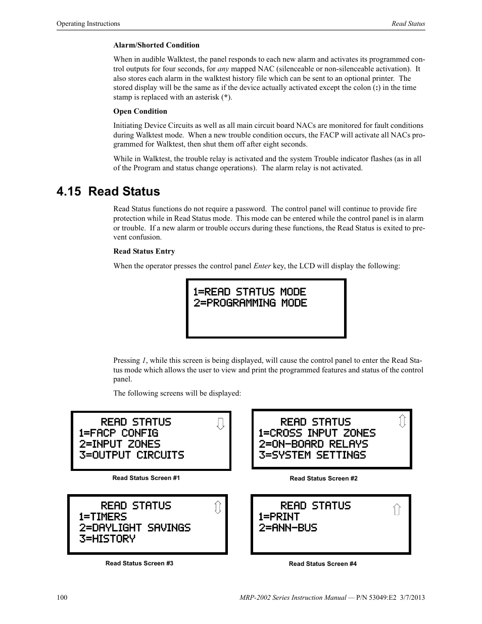 15 read status, Read status | Fire-Lite MRP-2002C Agent Release Control Panel User Manual | Page 100 / 176