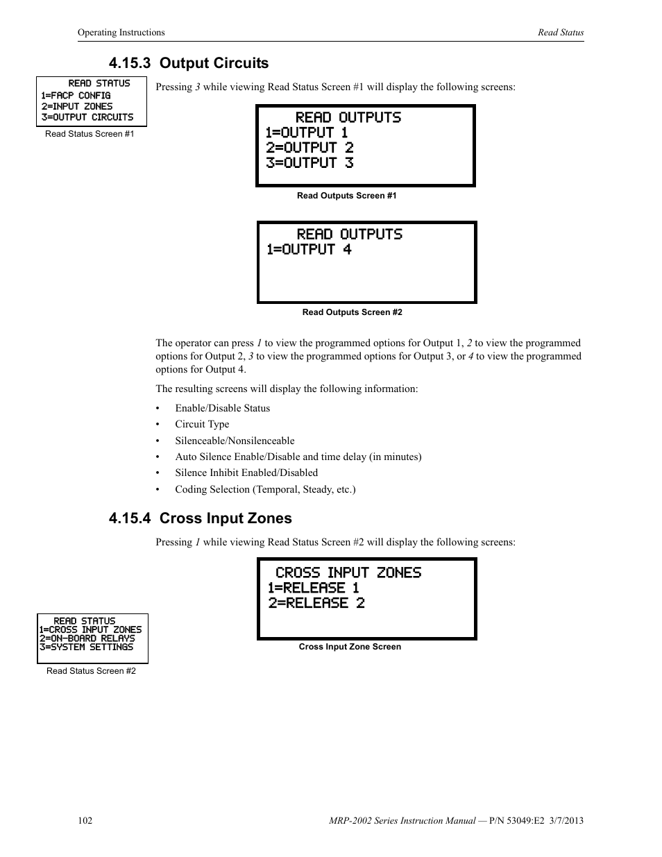 3 output circuits, 4 cross input zones, Output circuits 4.15.4: cross input zones | Fire-Lite MRP-2002C Agent Release Control Panel User Manual | Page 102 / 176