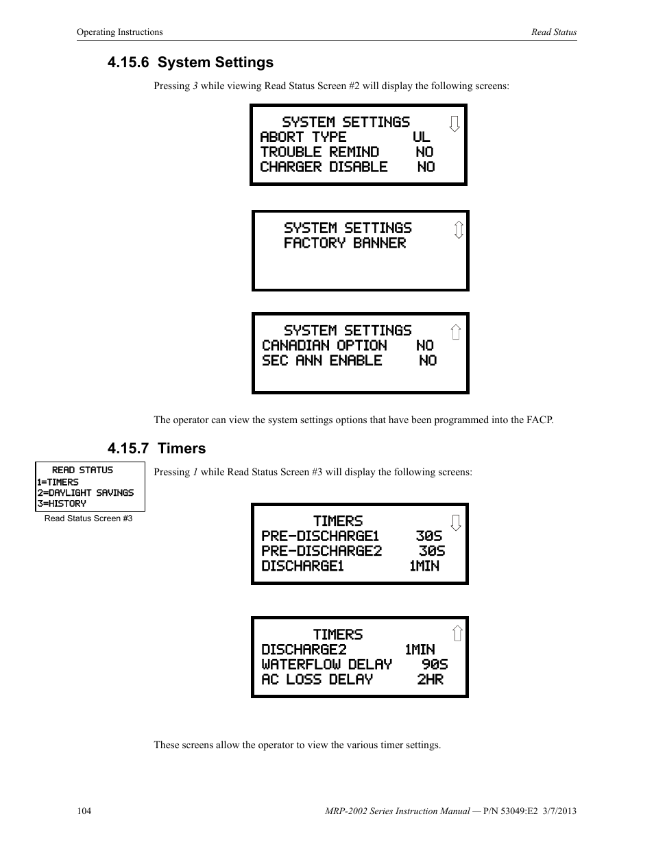 6 system settings, 7 timers, System settings 4.15.7: timers | Fire-Lite MRP-2002C Agent Release Control Panel User Manual | Page 104 / 176