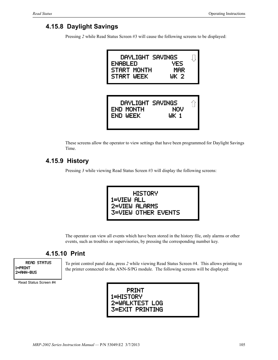 8 daylight savings, 9 history, 10 print | Daylight savings 4.15.9: history 4.15.10: print | Fire-Lite MRP-2002C Agent Release Control Panel User Manual | Page 105 / 176