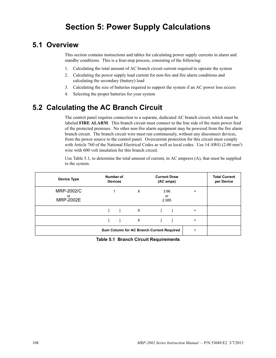 Section 5: power supply calculations, 1 overview, 2 calculating the ac branch circuit | Overview 5.2: calculating the ac branch circuit | Fire-Lite MRP-2002C Agent Release Control Panel User Manual | Page 108 / 176