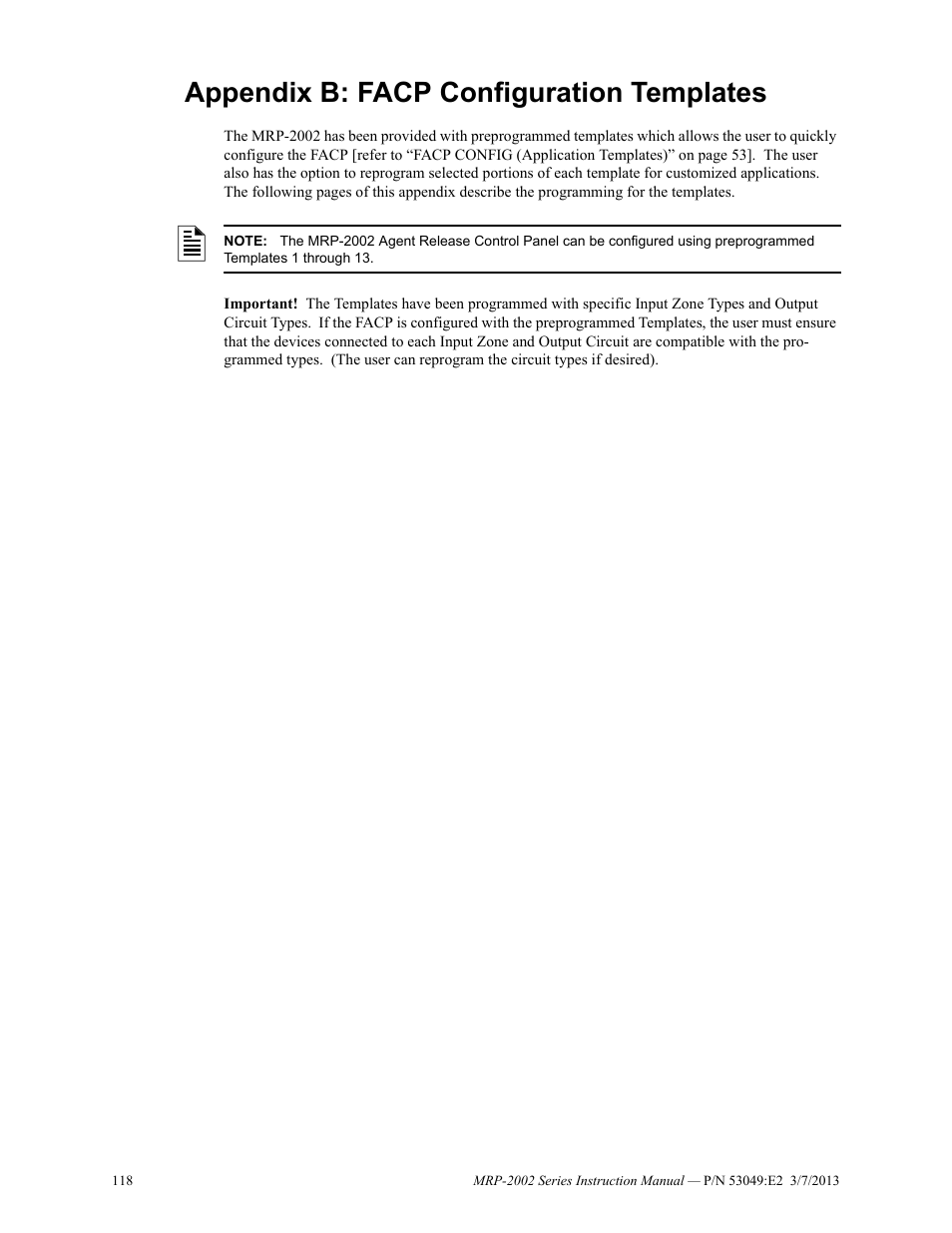 Appendix b: facp configuration templates | Fire-Lite MRP-2002C Agent Release Control Panel User Manual | Page 118 / 176