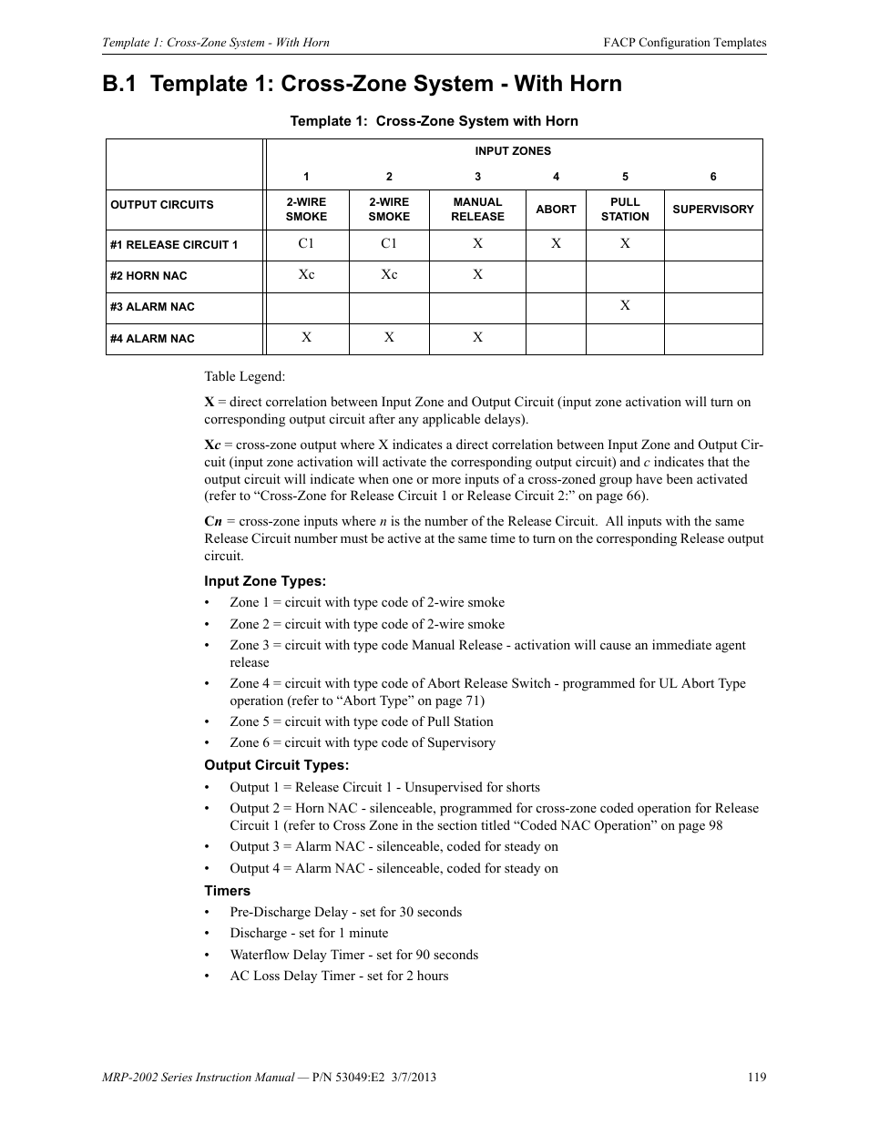 B.1 template 1: cross-zone system - with horn, B.1: template 1: cross-zone system - with horn | Fire-Lite MRP-2002C Agent Release Control Panel User Manual | Page 119 / 176