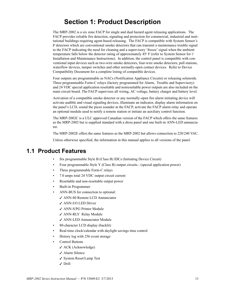 Section 1: product description, 1 product features, Product features | Fire-Lite MRP-2002C Agent Release Control Panel User Manual | Page 13 / 176