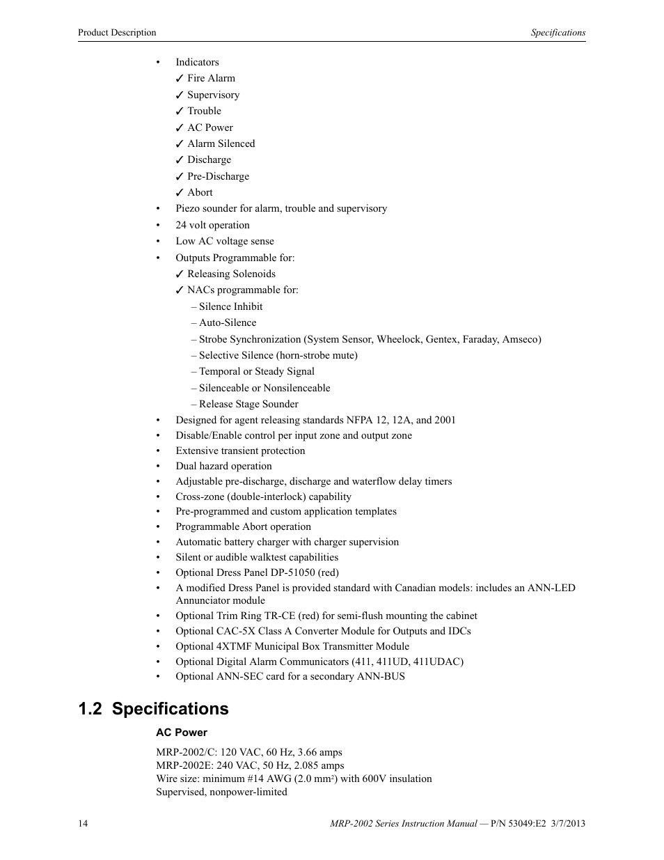 2 specifications, Specifications | Fire-Lite MRP-2002C Agent Release Control Panel User Manual | Page 14 / 176