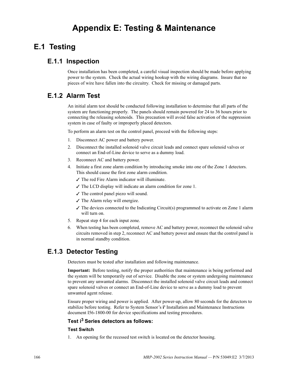 Appendix e: testing & maintenance, E.1 testing, E.1.1 inspection | E.1.2 alarm test, E.1.3 detector testing, Test i3 series detectors as follows, E.1: testing, Test i | Fire-Lite MRP-2002C Agent Release Control Panel User Manual | Page 166 / 176