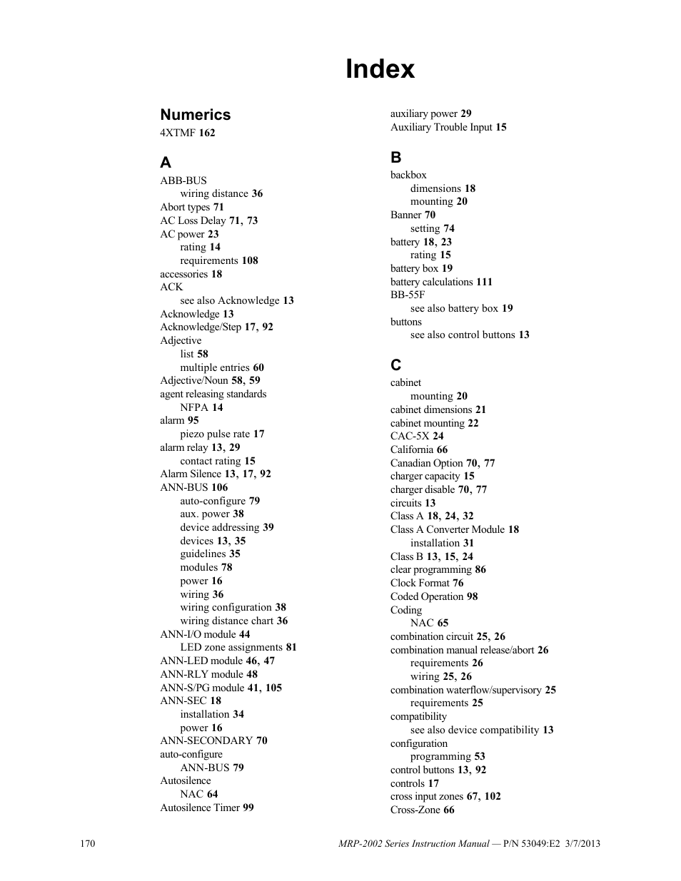 Index, Numerics | Fire-Lite MRP-2002C Agent Release Control Panel User Manual | Page 170 / 176