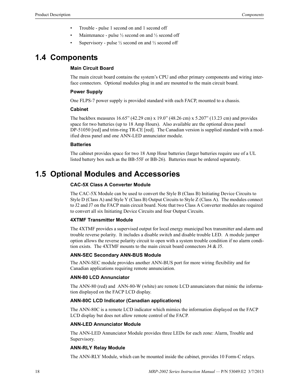 4 components, 5 optional modules and accessories, Components 1.5: optional modules and accessories | Fire-Lite MRP-2002C Agent Release Control Panel User Manual | Page 18 / 176