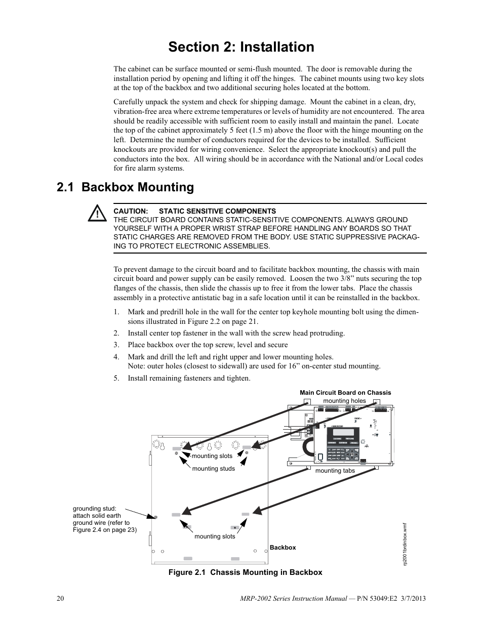 Section 2: installation, 1 backbox mounting, Backbox mounting | Fire-Lite MRP-2002C Agent Release Control Panel User Manual | Page 20 / 176