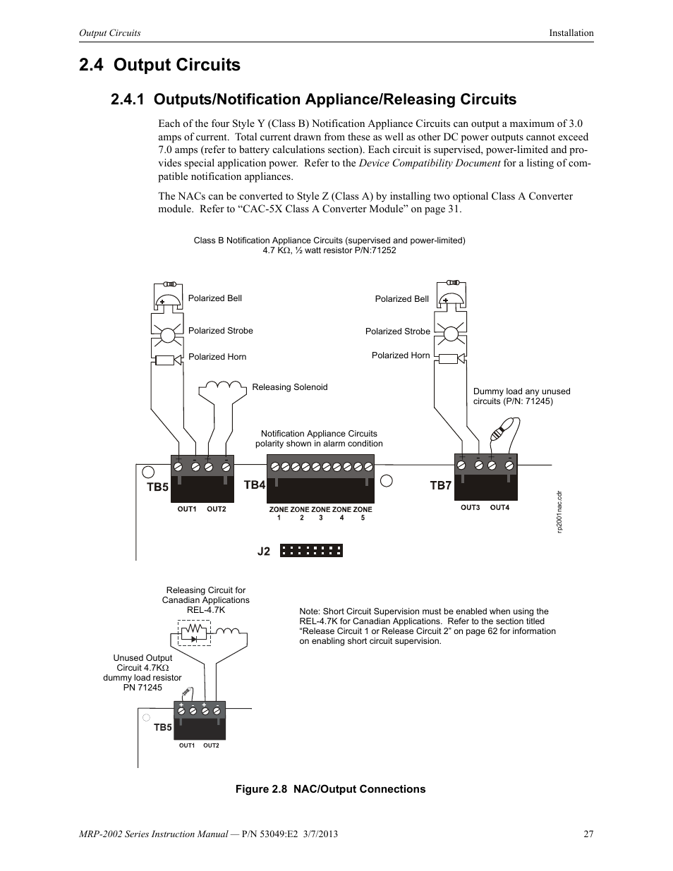 4 output circuits, Output circuits, Outputs/notification appliance/releasing circuits | Fire-Lite MRP-2002C Agent Release Control Panel User Manual | Page 27 / 176