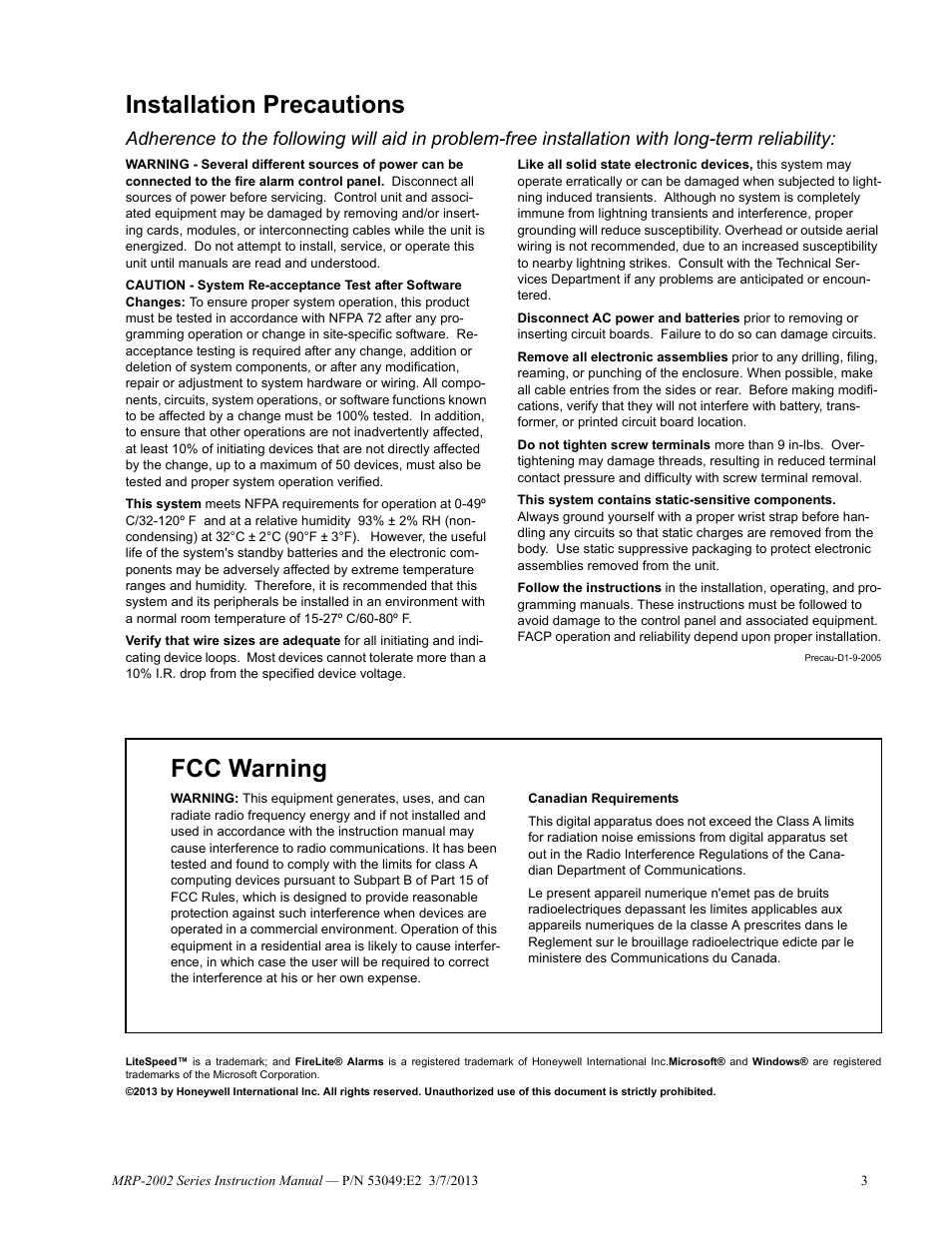 Installation precautions, Fcc warning | Fire-Lite MRP-2002C Agent Release Control Panel User Manual | Page 3 / 176