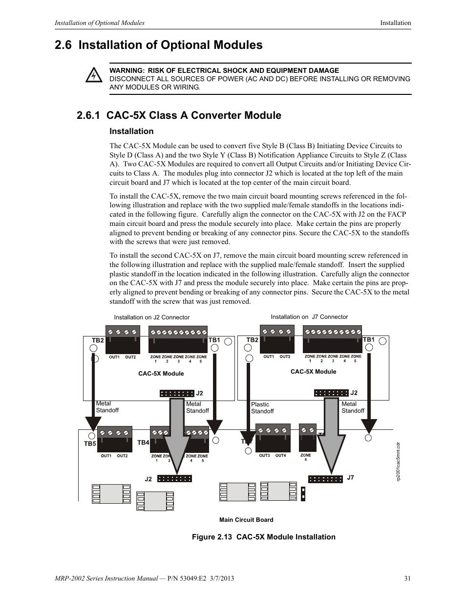 6 installation of optional modules, 1 cac-5x class a converter module, Installation | Installation of optional modules, Cac-5x class a converter module | Fire-Lite MRP-2002C Agent Release Control Panel User Manual | Page 31 / 176