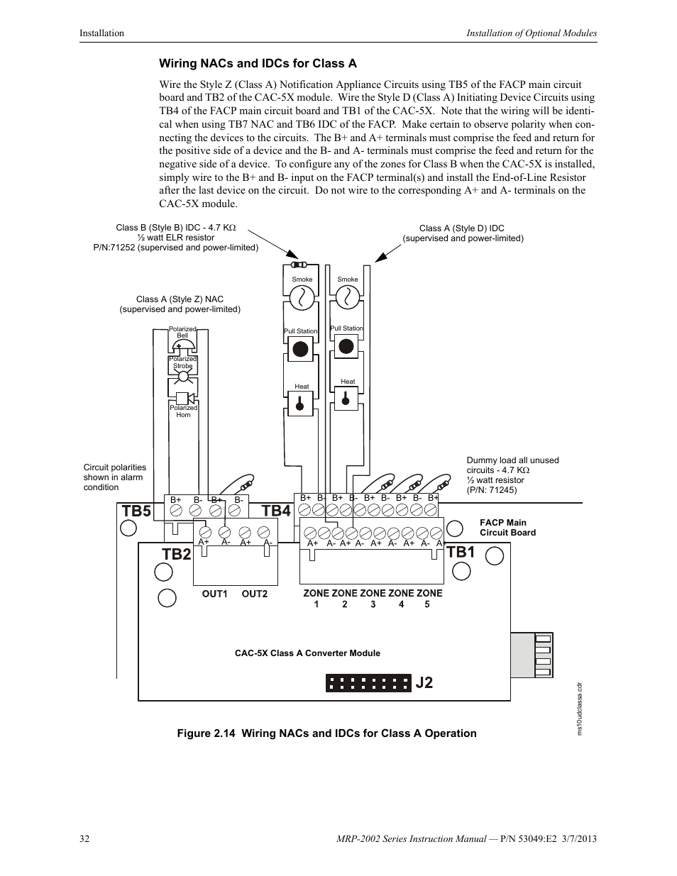 Wiring nacs and idcs for class a | Fire-Lite MRP-2002C Agent Release Control Panel User Manual | Page 32 / 176