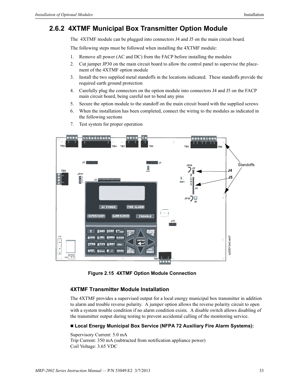 2 4xtmf municipal box transmitter option module, 4xtmf transmitter module installation, 4xtmf municipal box transmitter option module | Fire-Lite MRP-2002C Agent Release Control Panel User Manual | Page 33 / 176