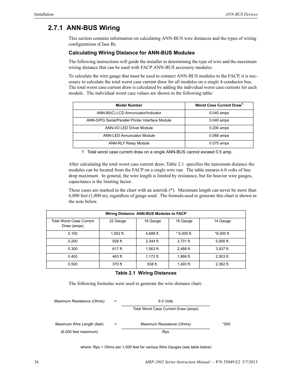 1 ann-bus wiring, Calculating wiring distance for ann-bus modules, Ann-bus wiring | Fire-Lite MRP-2002C Agent Release Control Panel User Manual | Page 36 / 176