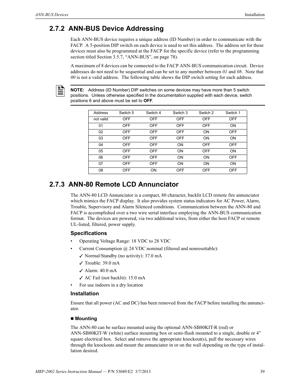 2 ann-bus device addressing, 3 ann-80 remote lcd annunciator, Specifications | Installation, Specifications installation | Fire-Lite MRP-2002C Agent Release Control Panel User Manual | Page 39 / 176