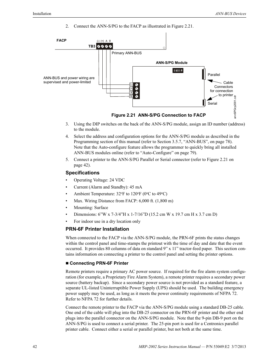 Specifications, Prn-6f printer installation, Specifications prn-6f printer installation | Fire-Lite MRP-2002C Agent Release Control Panel User Manual | Page 42 / 176