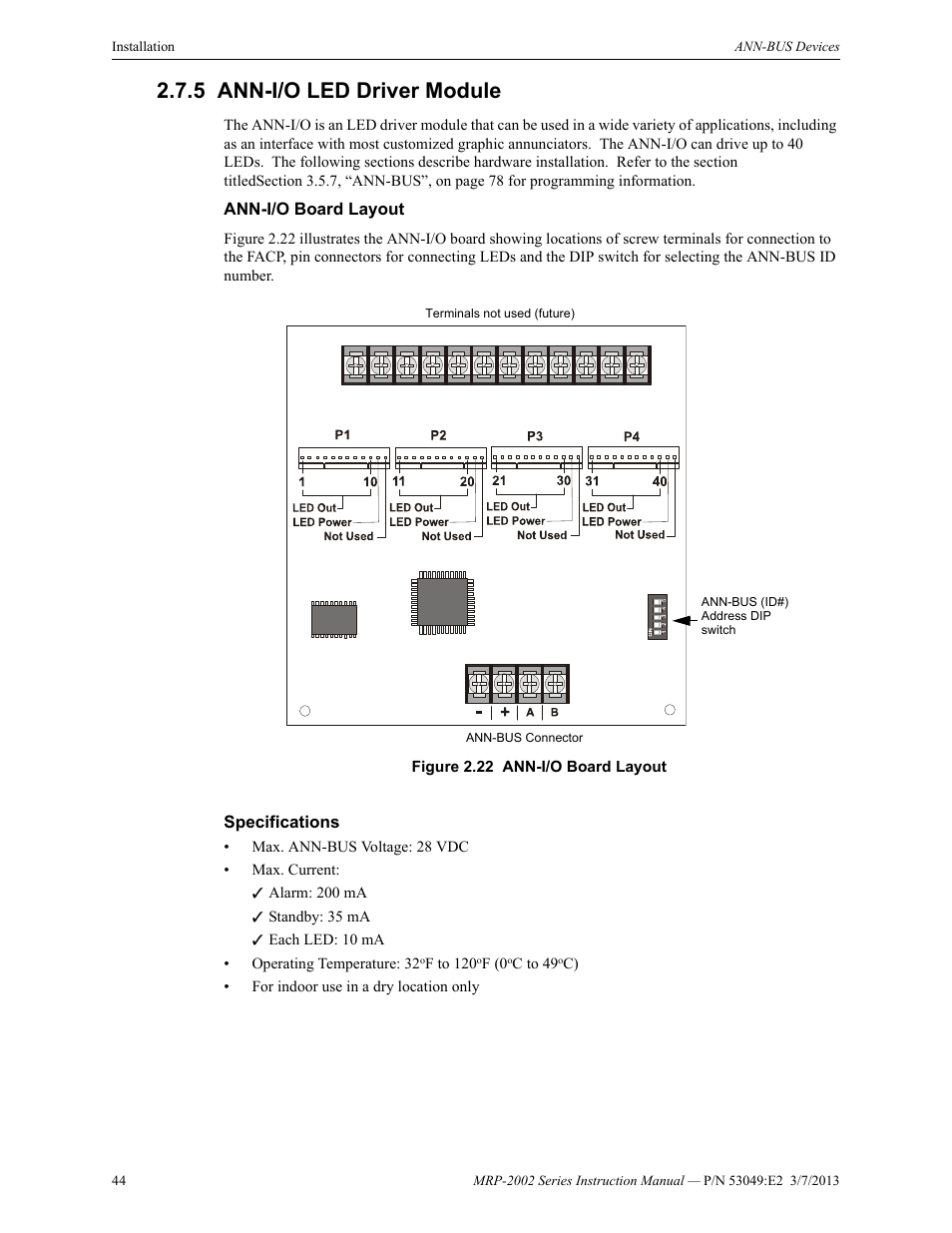 5 ann-i/o led driver module, Ann-i/o board layout, Specifications | Ann-i/o led driver module, Ann-i/o board layout specifications | Fire-Lite MRP-2002C Agent Release Control Panel User Manual | Page 44 / 176