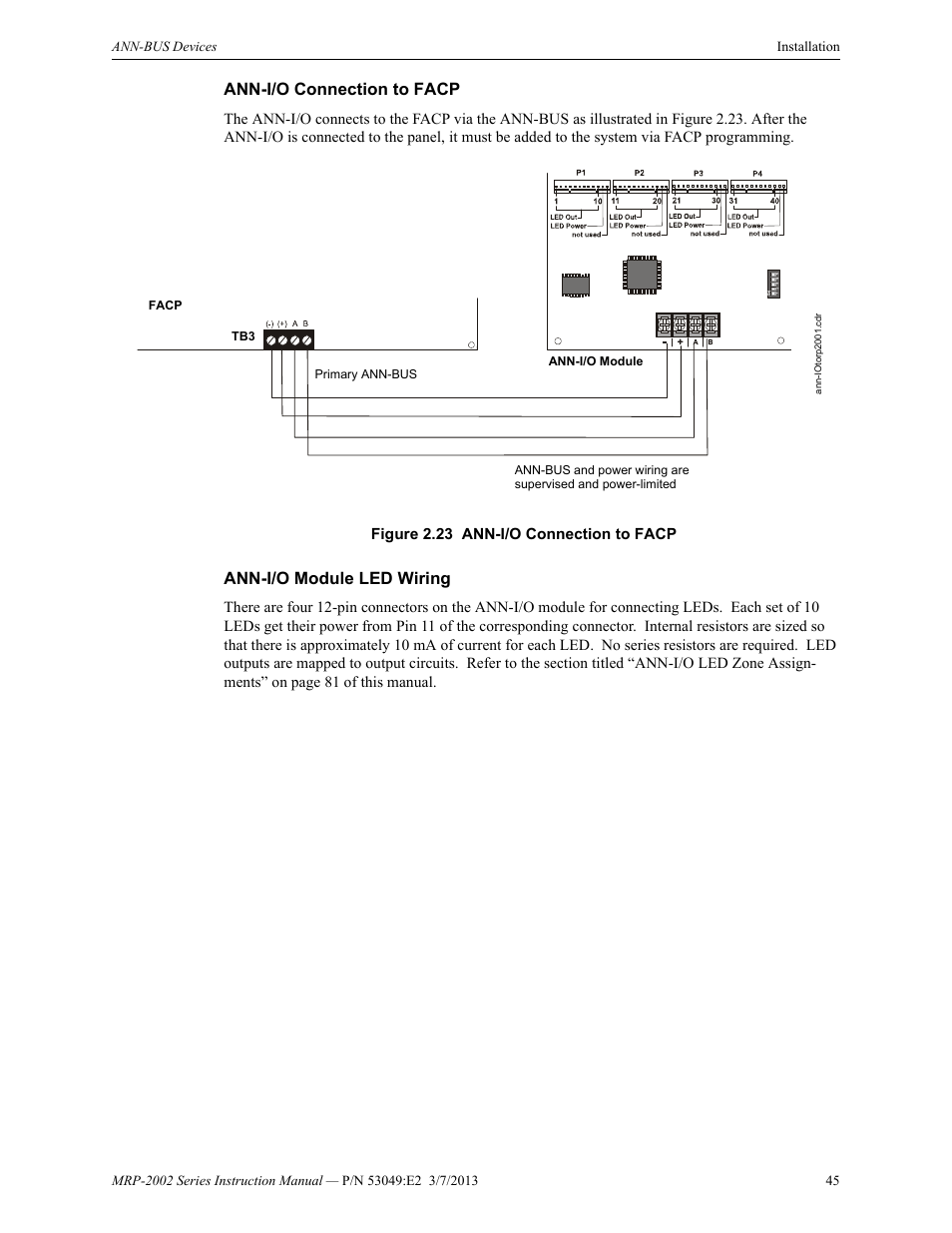 Ann-i/o connection to facp, Ann-i/o module led wiring | Fire-Lite MRP-2002C Agent Release Control Panel User Manual | Page 45 / 176