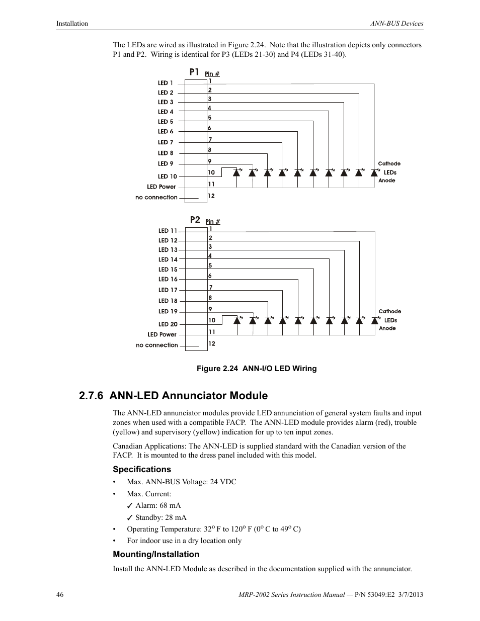6 ann-led annunciator module, Specifications, Mounting/installation | Ann-led annunciator module, Specifications mounting/installation | Fire-Lite MRP-2002C Agent Release Control Panel User Manual | Page 46 / 176