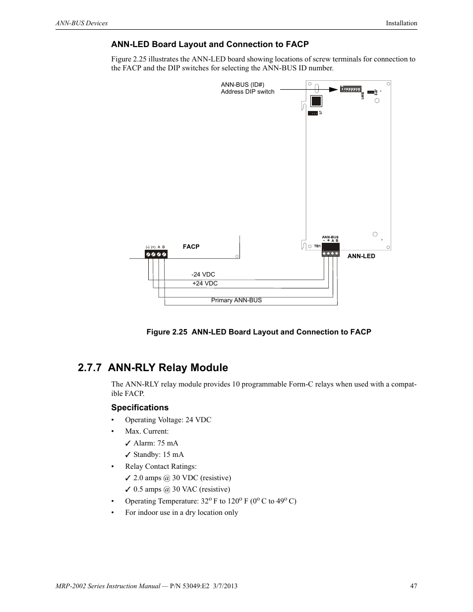 Ann-led board layout and connection to facp, 7 ann-rly relay module, Specifications | Ann-rly relay module | Fire-Lite MRP-2002C Agent Release Control Panel User Manual | Page 47 / 176