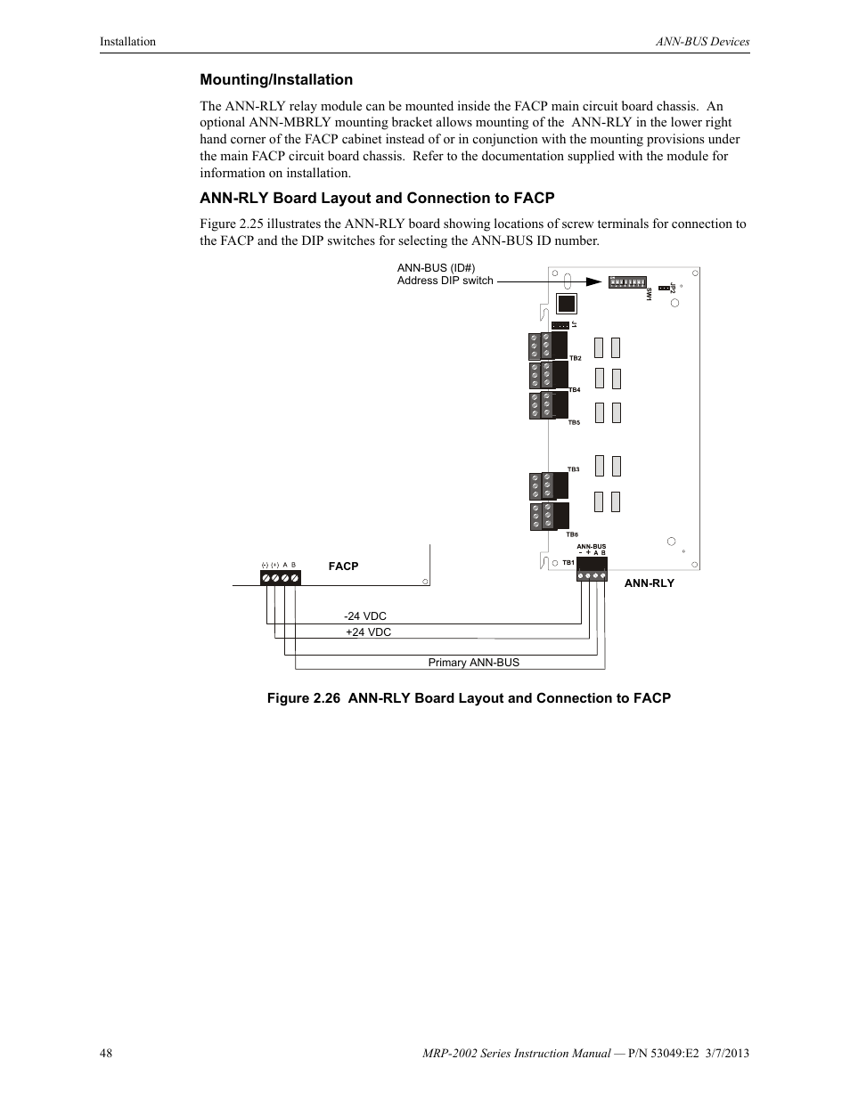 Mounting/installation, Ann-rly board layout and connection to facp | Fire-Lite MRP-2002C Agent Release Control Panel User Manual | Page 48 / 176