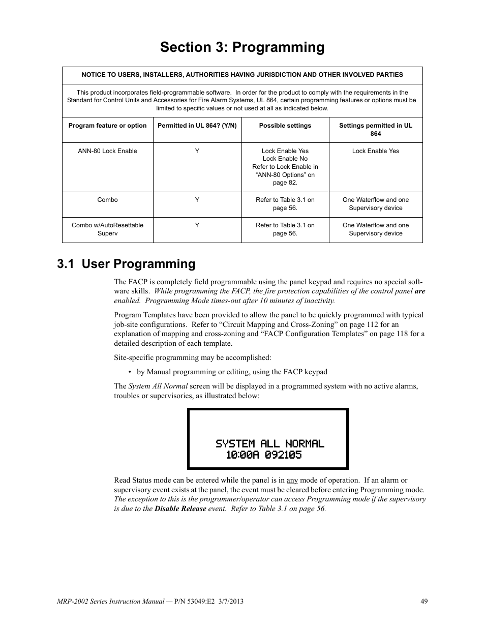 Section 3: programming, 1 user programming, User programming | Fire-Lite MRP-2002C Agent Release Control Panel User Manual | Page 49 / 176