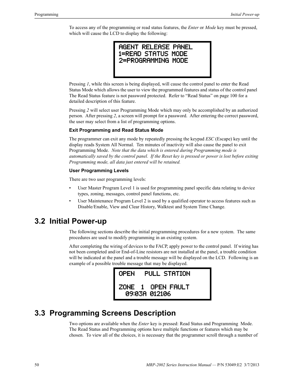 2 initial power-up, 3 programming screens description, Initial power-up | Programming screens description | Fire-Lite MRP-2002C Agent Release Control Panel User Manual | Page 50 / 176