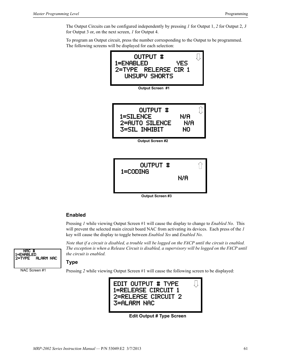 Enabled, Type, Enabled type | Fire-Lite MRP-2002C Agent Release Control Panel User Manual | Page 61 / 176