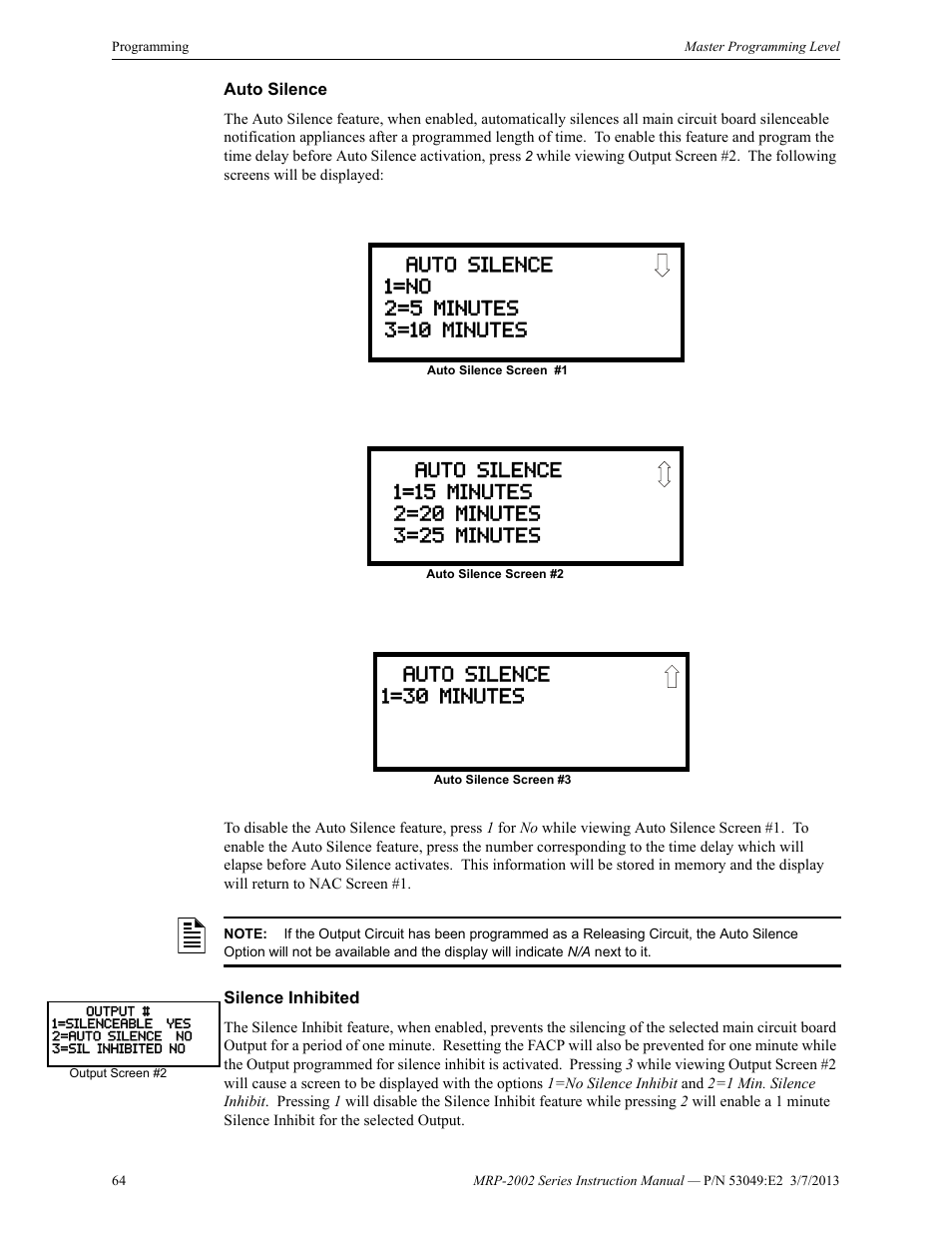 Auto silence, Silence inhibited, Auto silence silence inhibited | Fire-Lite MRP-2002C Agent Release Control Panel User Manual | Page 64 / 176