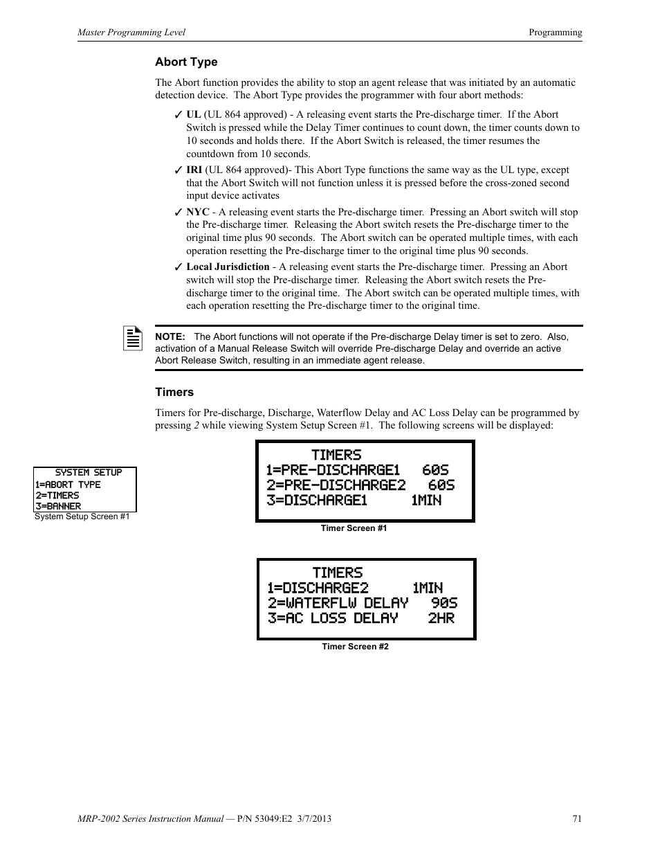 Abort type, Timers, Abort type timers | Fire-Lite MRP-2002C Agent Release Control Panel User Manual | Page 71 / 176