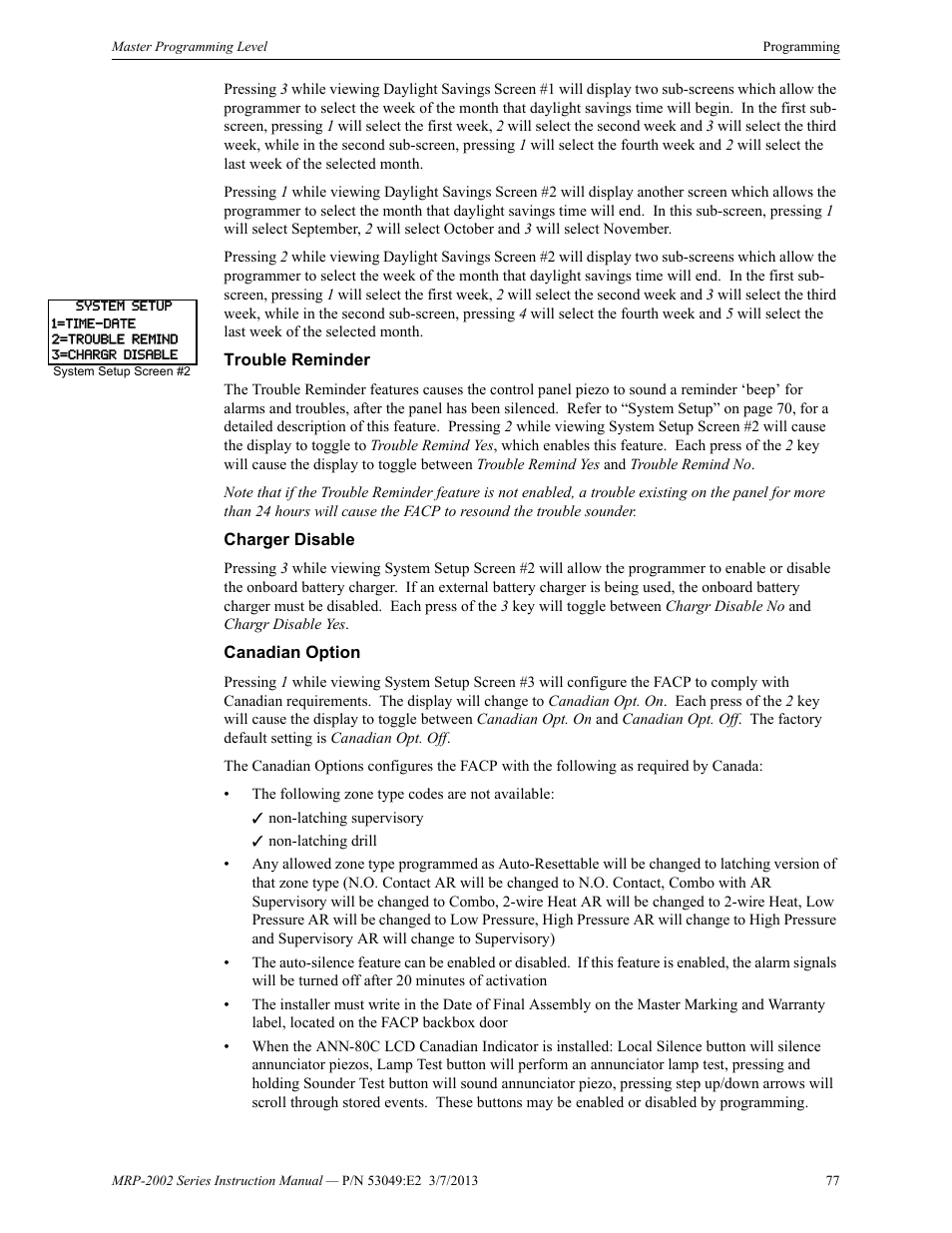 Trouble reminder, Charger disable, Canadian option | Trouble reminder charger disable canadian option | Fire-Lite MRP-2002C Agent Release Control Panel User Manual | Page 77 / 176