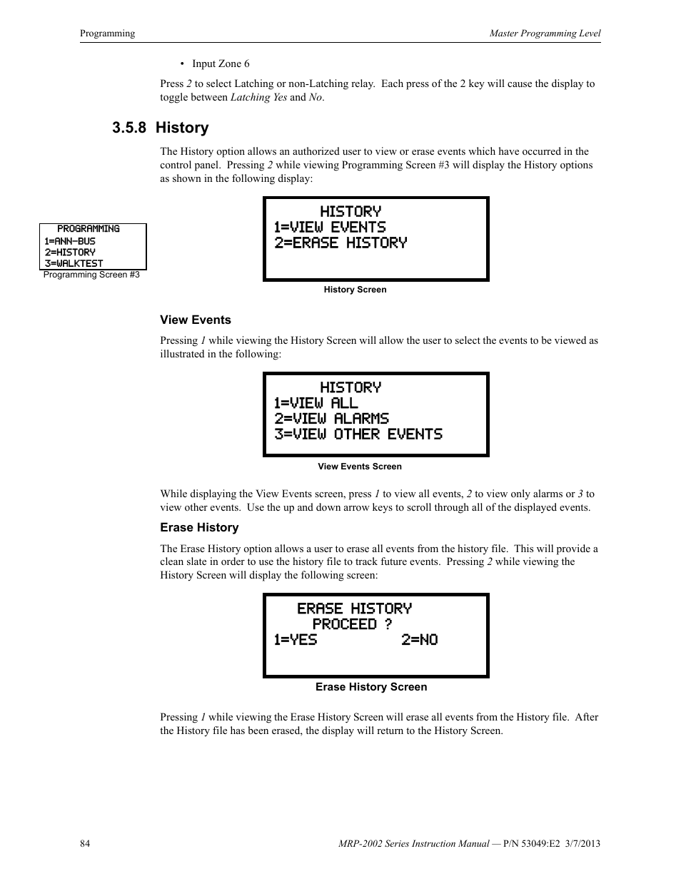 8 history, View events, Erase history | History, View events erase history | Fire-Lite MRP-2002C Agent Release Control Panel User Manual | Page 84 / 176