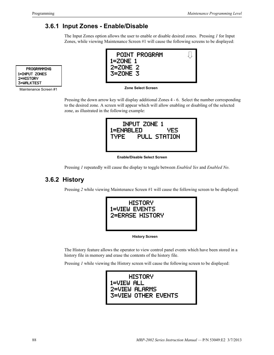 1 input zones - enable/disable, 2 history, Input zones - enable/disable 3.6.2: history | Fire-Lite MRP-2002C Agent Release Control Panel User Manual | Page 88 / 176