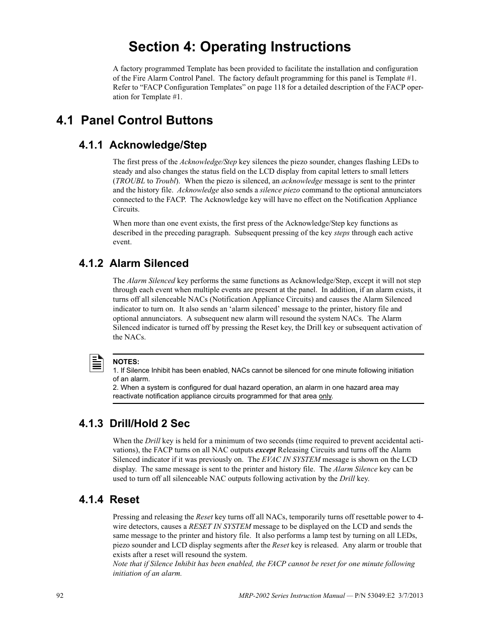 Section 4: operating instructions, 1 panel control buttons, 1 acknowledge/step | 2 alarm silenced, 3 drill/hold 2 sec, 4 reset, Panel control buttons | Fire-Lite MRP-2002C Agent Release Control Panel User Manual | Page 92 / 176