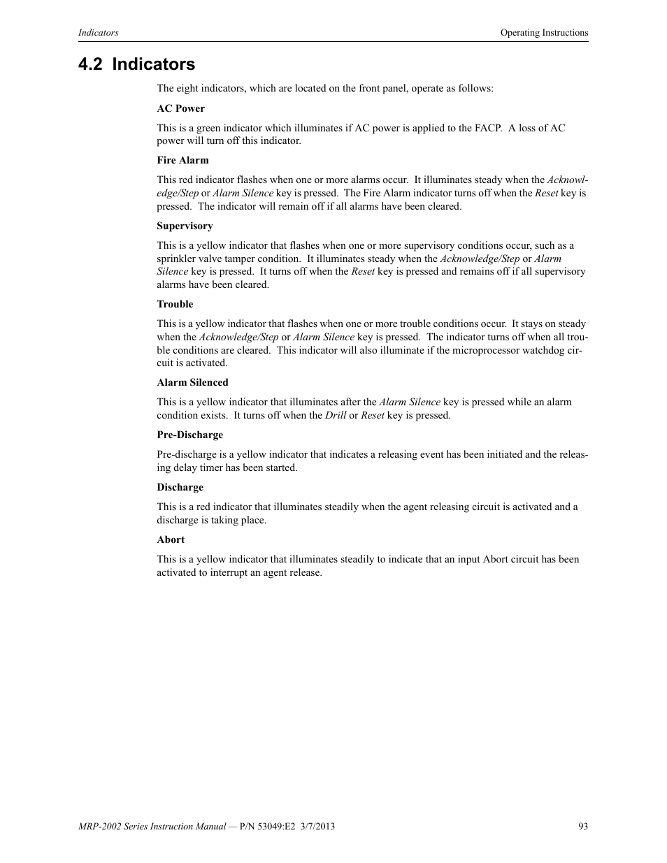 2 indicators, Indicators | Fire-Lite MRP-2002C Agent Release Control Panel User Manual | Page 93 / 176