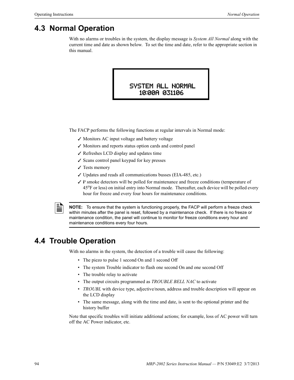 3 normal operation, 4 trouble operation, Normal operation 4.4: trouble operation | Fire-Lite MRP-2002C Agent Release Control Panel User Manual | Page 94 / 176