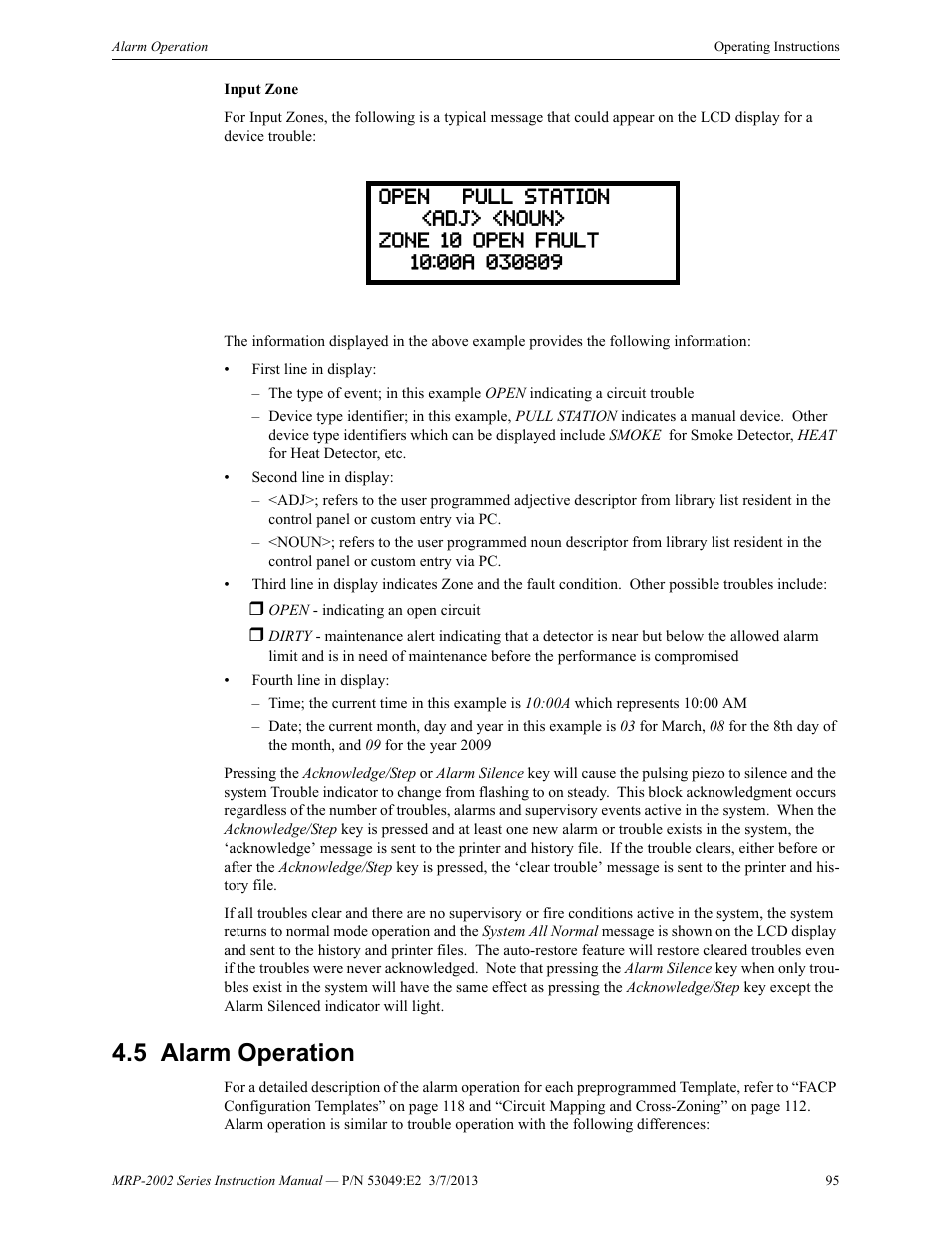 5 alarm operation, Alarm operation | Fire-Lite MRP-2002C Agent Release Control Panel User Manual | Page 95 / 176