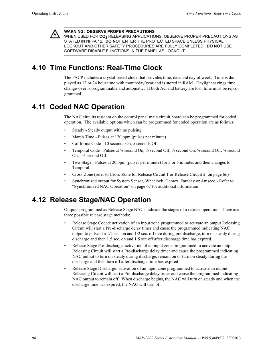 10 time functions: real-time clock, 11 coded nac operation, 12 release stage/nac operation | Fire-Lite MRP-2002C Agent Release Control Panel User Manual | Page 98 / 176