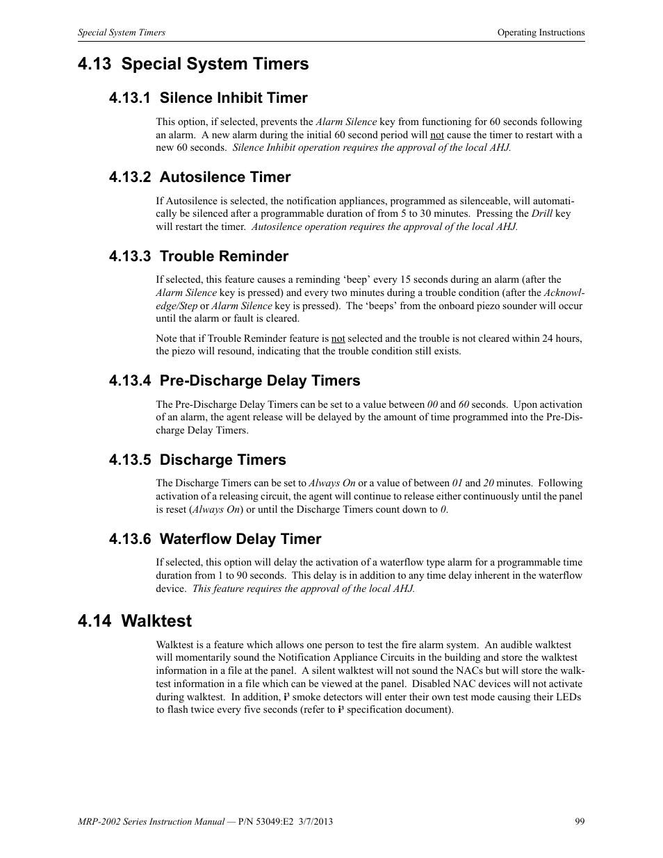 13 special system timers, 1 silence inhibit timer, 2 autosilence timer | 3 trouble reminder, 4 pre-discharge delay timers, 5 discharge timers, 6 waterflow delay timer, 14 walktest, Special system timers, Walktest | Fire-Lite MRP-2002C Agent Release Control Panel User Manual | Page 99 / 176