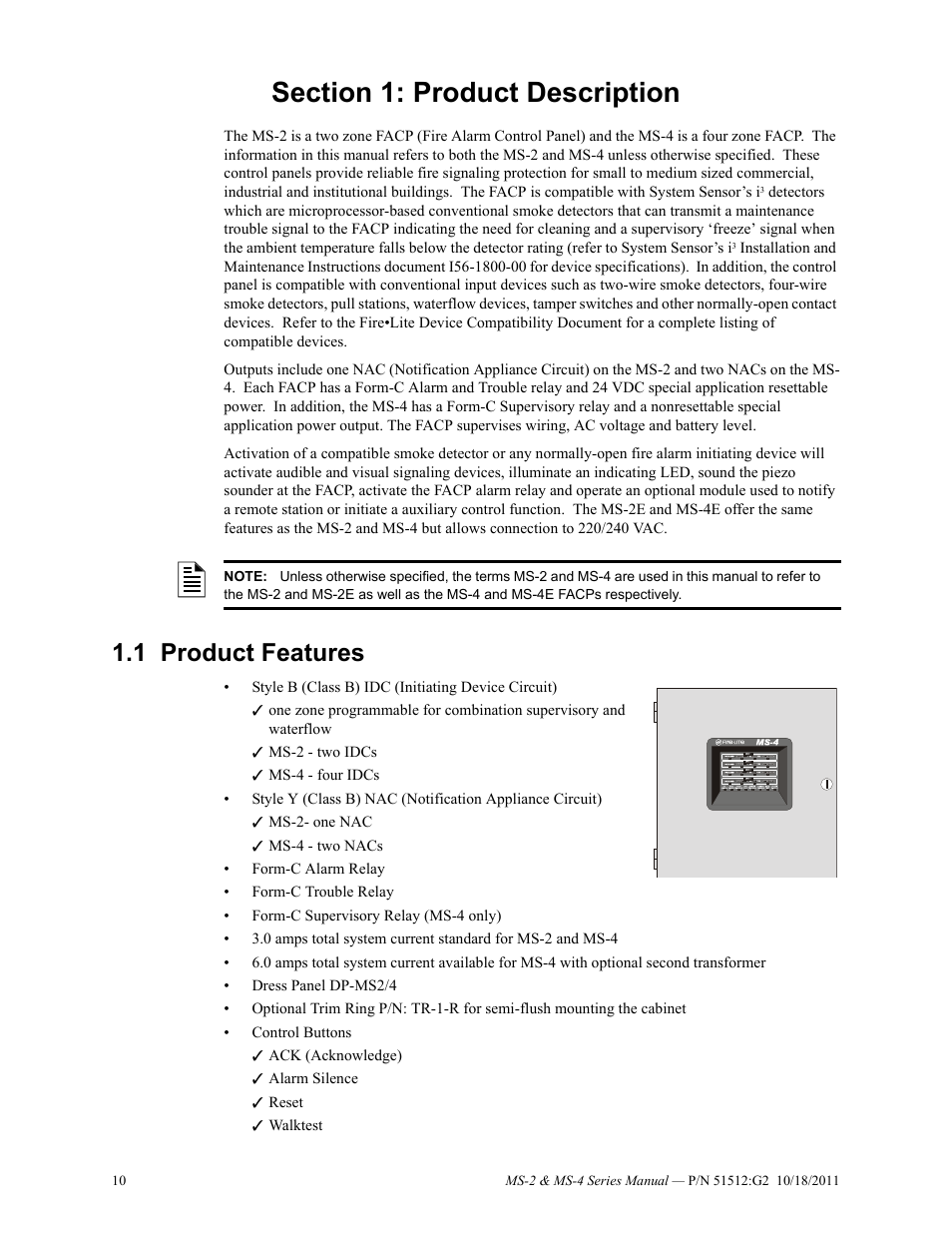 Section 1: product description, 1 product features, Product features | Fire-Lite MS-4E Fire Alarm Control Panel User Manual | Page 10 / 56