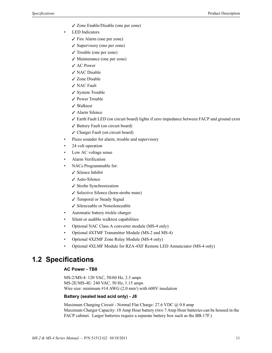 2 specifications, Specifications | Fire-Lite MS-4E Fire Alarm Control Panel User Manual | Page 11 / 56