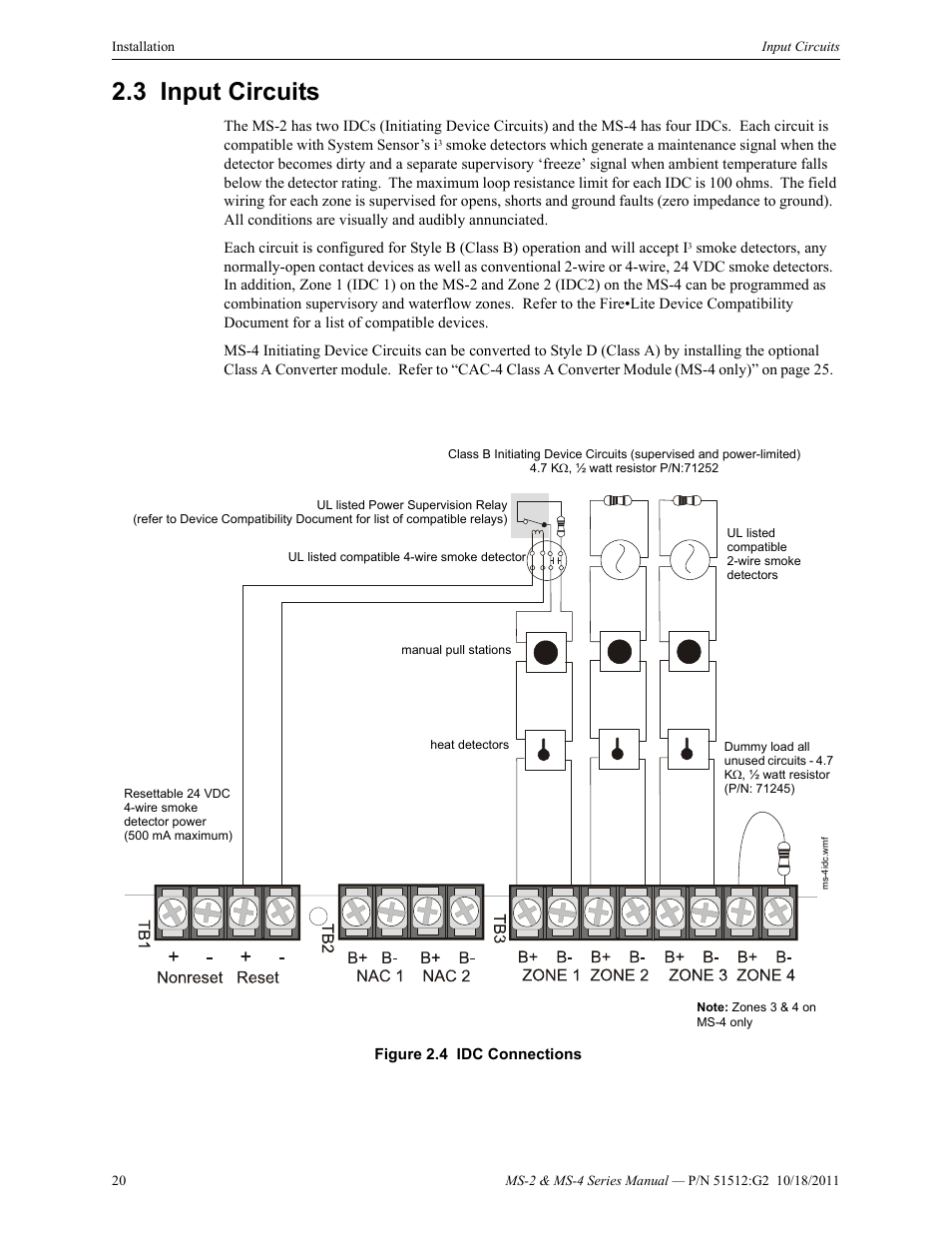 3 input circuits, Input circuits | Fire-Lite MS-4E Fire Alarm Control Panel User Manual | Page 20 / 56