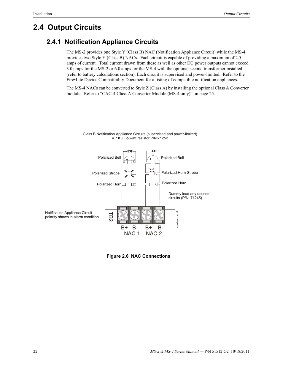 4 output circuits, 1 notification appliance circuits, Output circuits | Notification appliance circuits, Tb2 b+ b- b+ b- nac 1 nac 2 | Fire-Lite MS-4E Fire Alarm Control Panel User Manual | Page 22 / 56