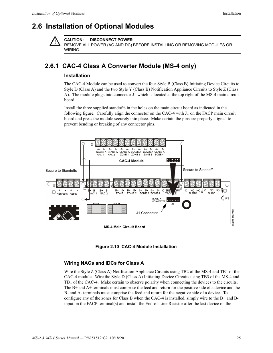 6 installation of optional modules, 1 cac-4 class a converter module (ms-4 only), Installation | Wiring nacs and idcs for class a, Installation of optional modules, Cac-4 class a converter module (ms-4 only), Installation wiring nacs and idcs for class a | Fire-Lite MS-4E Fire Alarm Control Panel User Manual | Page 25 / 56