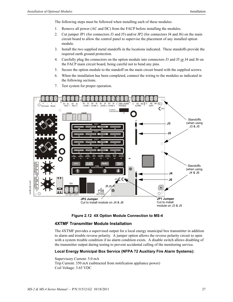 4xtmf transmitter module installation, Standoffs (when using j4 & j6 | Fire-Lite MS-4E Fire Alarm Control Panel User Manual | Page 27 / 56