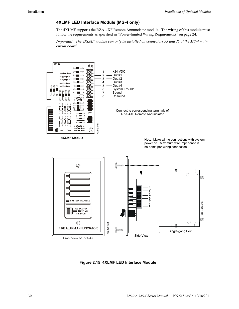 4xlmf led interface module (ms-4 only), Figure 2.15 4xlmf led interface module | Fire-Lite MS-4E Fire Alarm Control Panel User Manual | Page 30 / 56