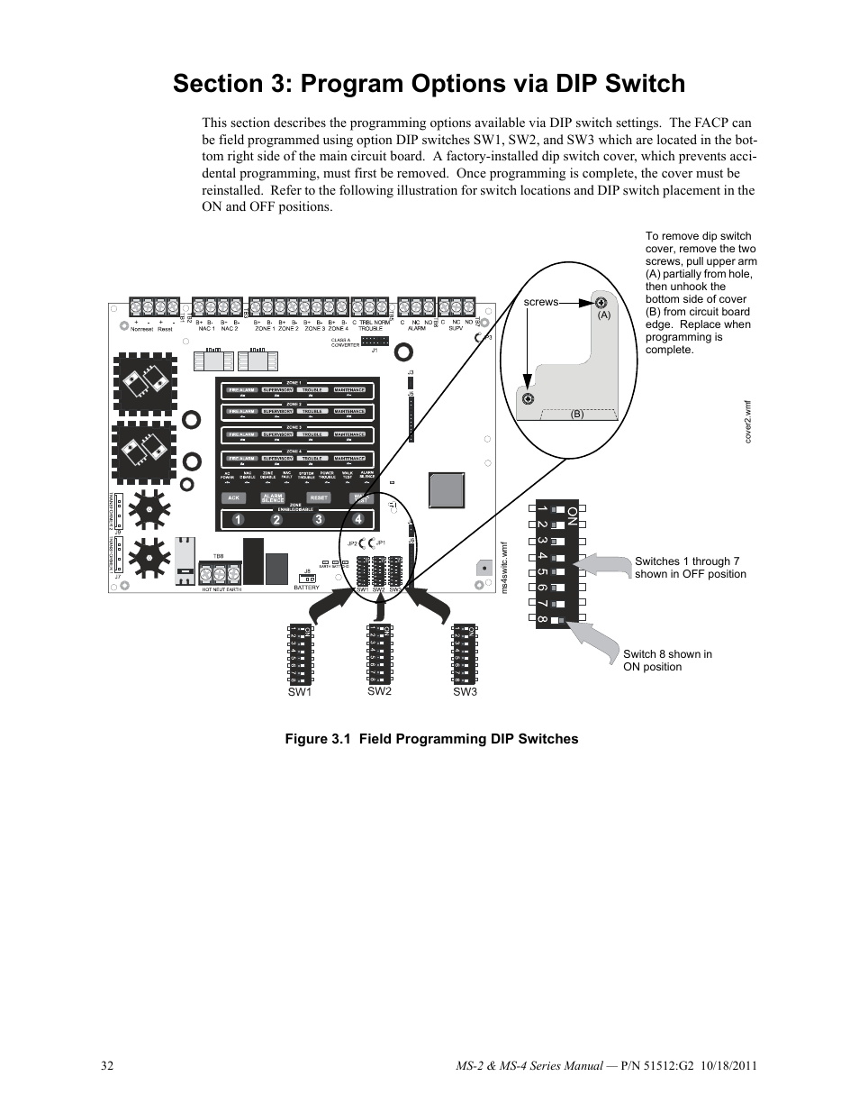 Section 3: program options via dip switch | Fire-Lite MS-4E Fire Alarm Control Panel User Manual | Page 32 / 56